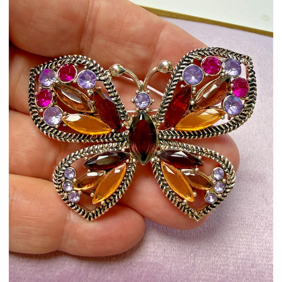 Monet Silver Tone Jewel Tones Purple Pink Amber Rhinestone BUTTERFLY Brooch Pin - Picture 5 of 7